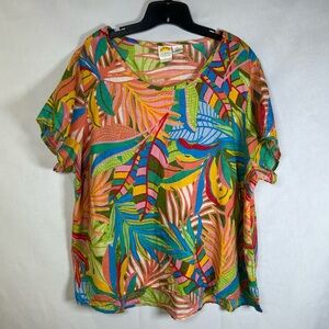 C&C California 100% Linen Multicolour Tropical Leaf Print Top, Tunic Size 2X